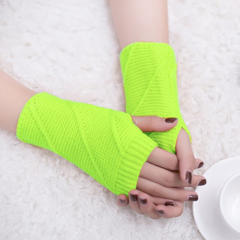 Femme mignon couleur unie gants doux au Crochet à tricoter épais hiver gants sans doigts demi doigt facile à taper gants extensibles: Fluorescent Jaune