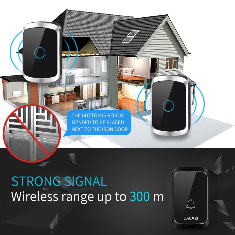 Cacazi Draadloze Deurbel Dc Batterij-Operated Waterdichte 36 Chimes 5 Volume 300M Range Home Security Draadloze Deur Call ring Bell