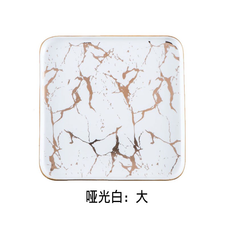 Square Tableware Marble Plates Ceramic Dinner Set Gold Inlay Porcelain Dessert Plate Steak Salad Snack Cake Plates: white--L