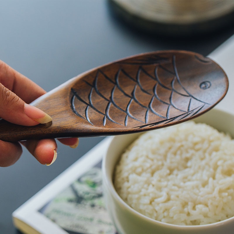 Træ skovl ris ske hånd poleret ensfarvet fisk form træ fisk ris scoop fast køkkenudstyr til rissuppe