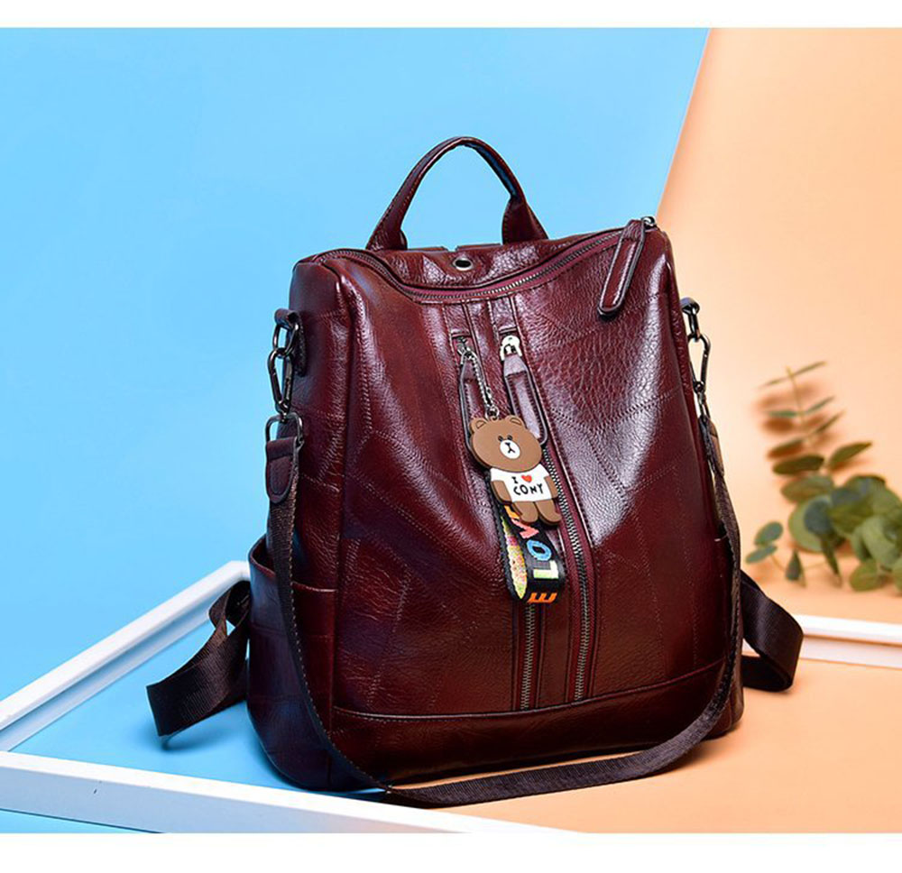 Vandtæt pu læder dametaske kvindelige ungdomsrejserygsække multifunktionel skoletaske feminina skole mochila -pakke: Burgunder