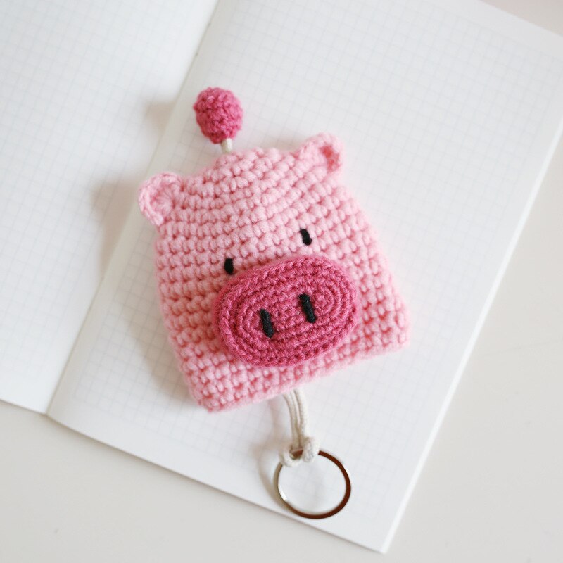 Sweet Flowers Handmade Knitted Key Pack Set for Wool Key Protection Set: pink pig