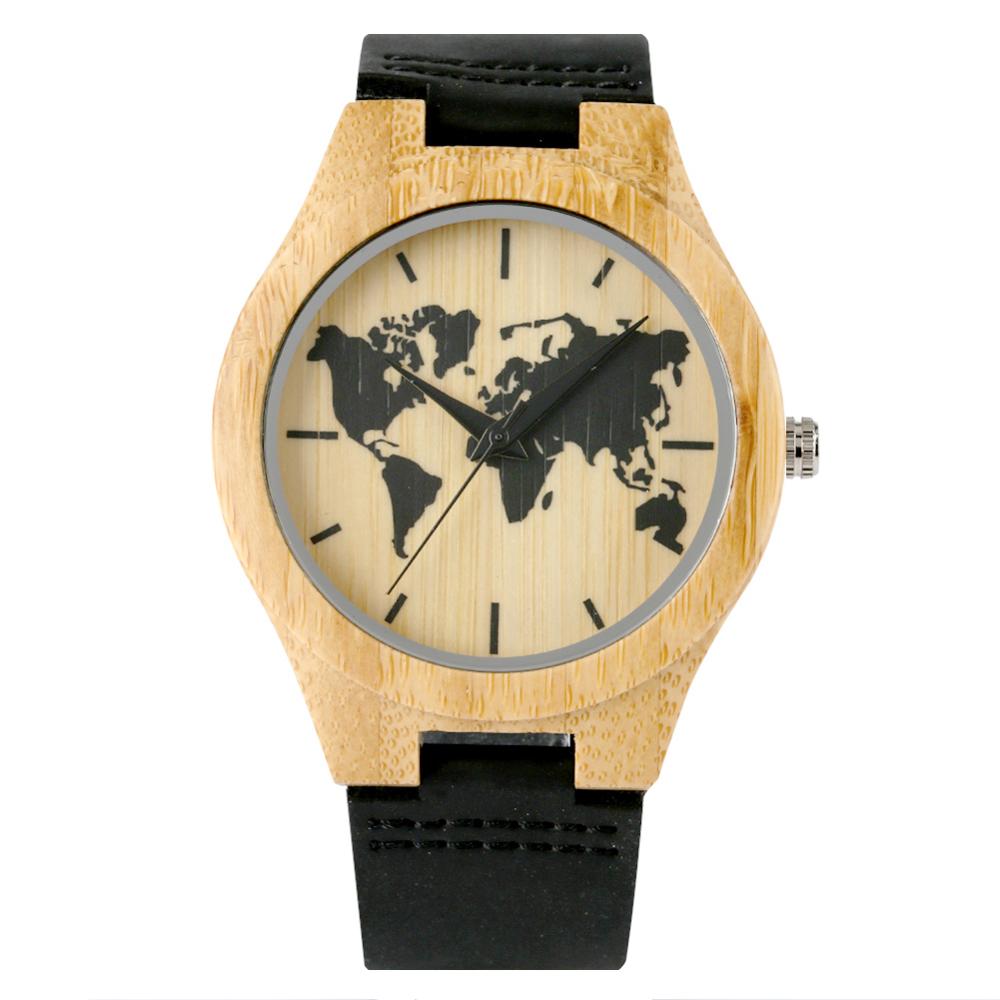 Wereldkaart houten horloge voor heren, duurzaam analoog houten horloge voor dames, dameshorloge van hout