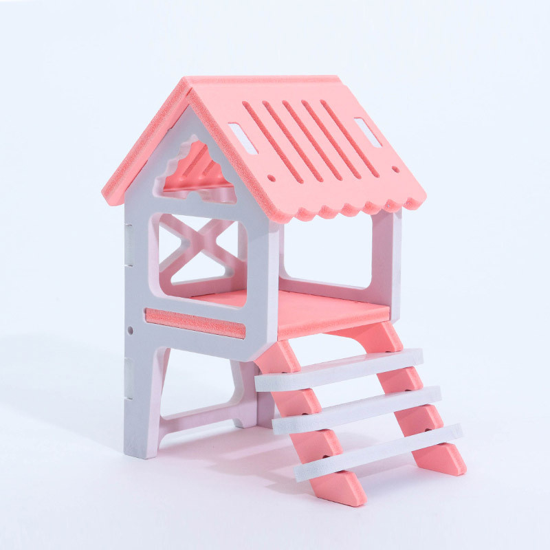 1pc søde hamster træhus mini dyr pindsvin gylden bjørn med stige soveværelse vagttårn lille kæledyr rede bur slot legetøj: Lyserød 3