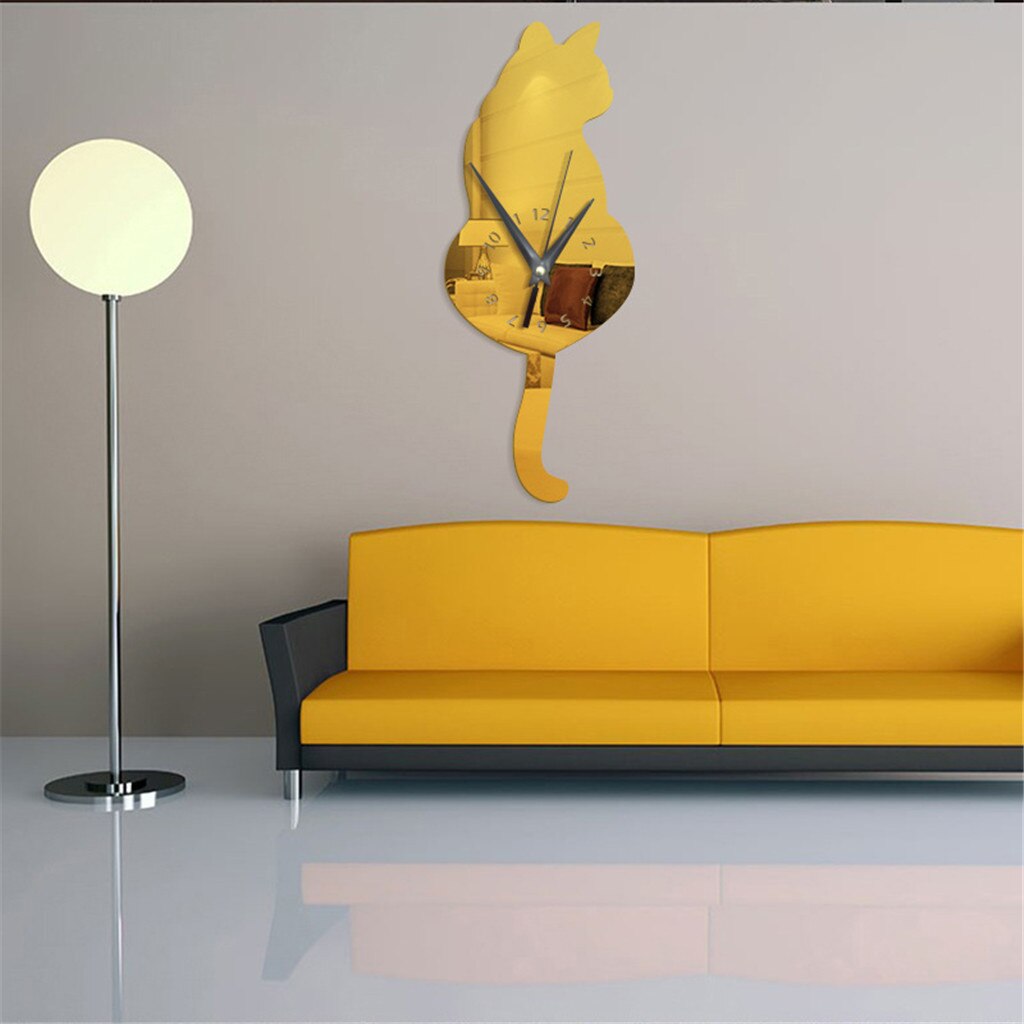 3D Cartoon Cat wall clock modern Modeling Acrylic Mirror Clock Home Decoration Wall Clock horloge murale
