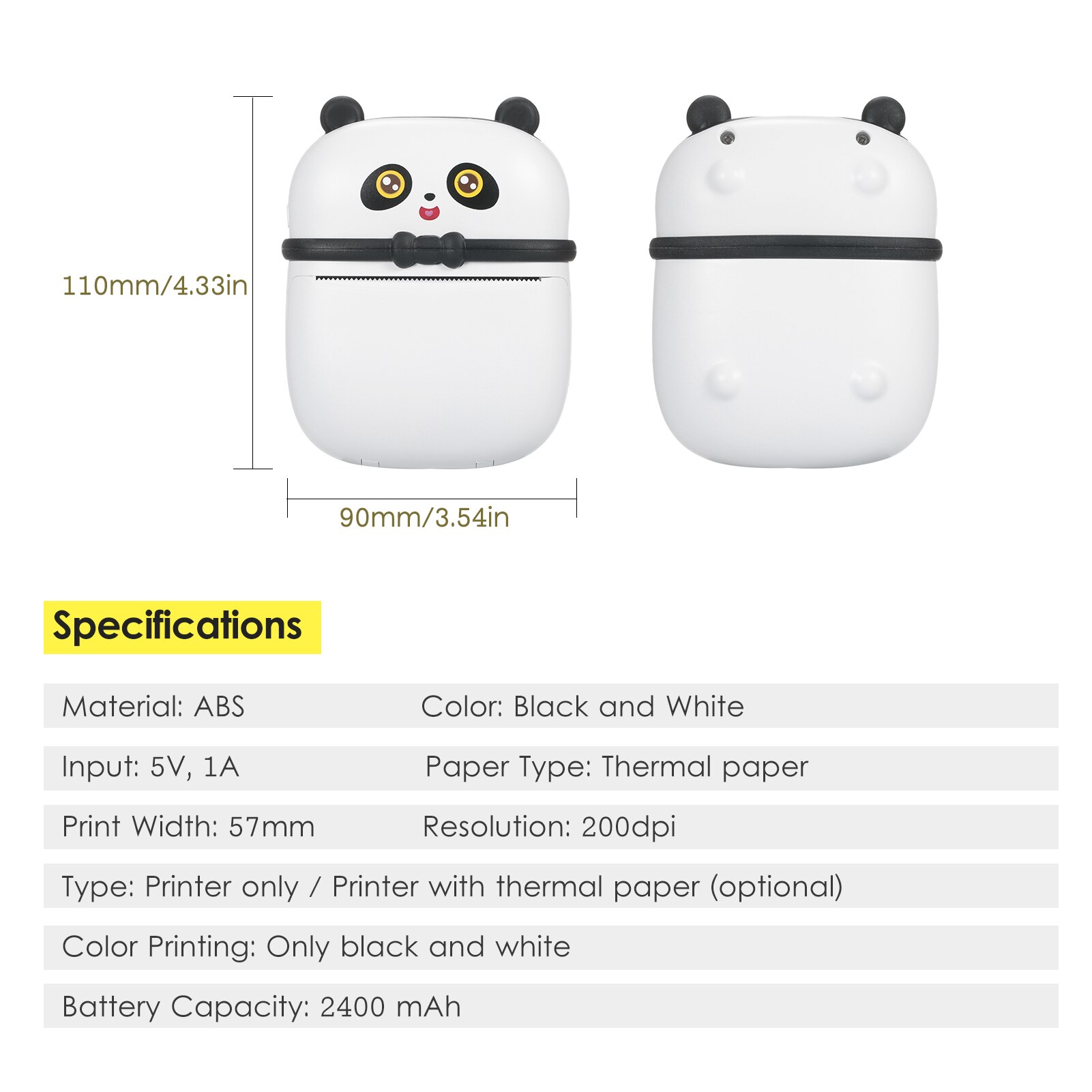 Mini Portable Wireless Thermal Printer 57mm Direct Thermal Printer 200 dpi Photo Note Label Printer Compatible with Android iOS