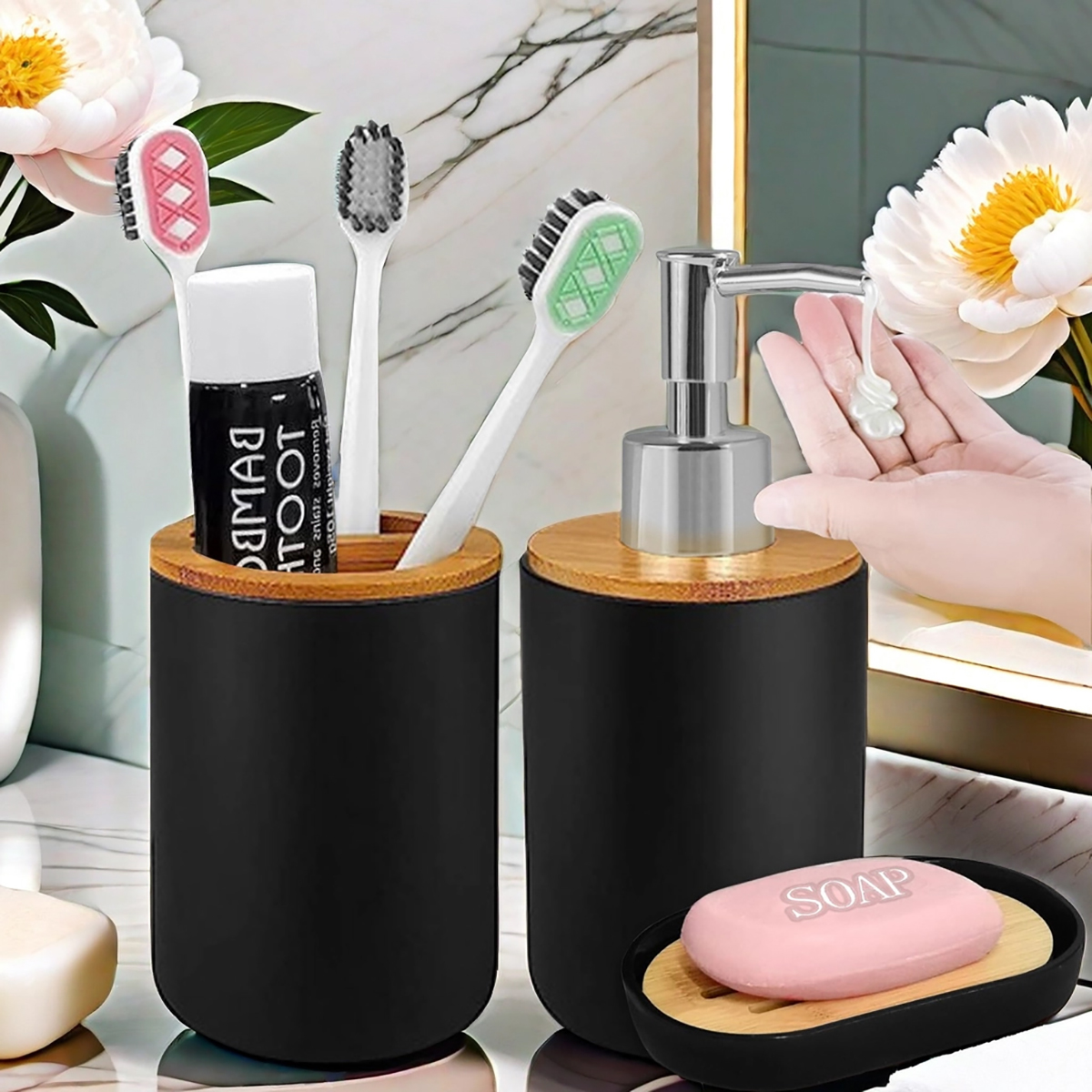 Bathroom Set Hands Soap Dispenser Toothbrush Holder and Soap Box Bathroom Decor Toiletries Holder for Bath Accessories