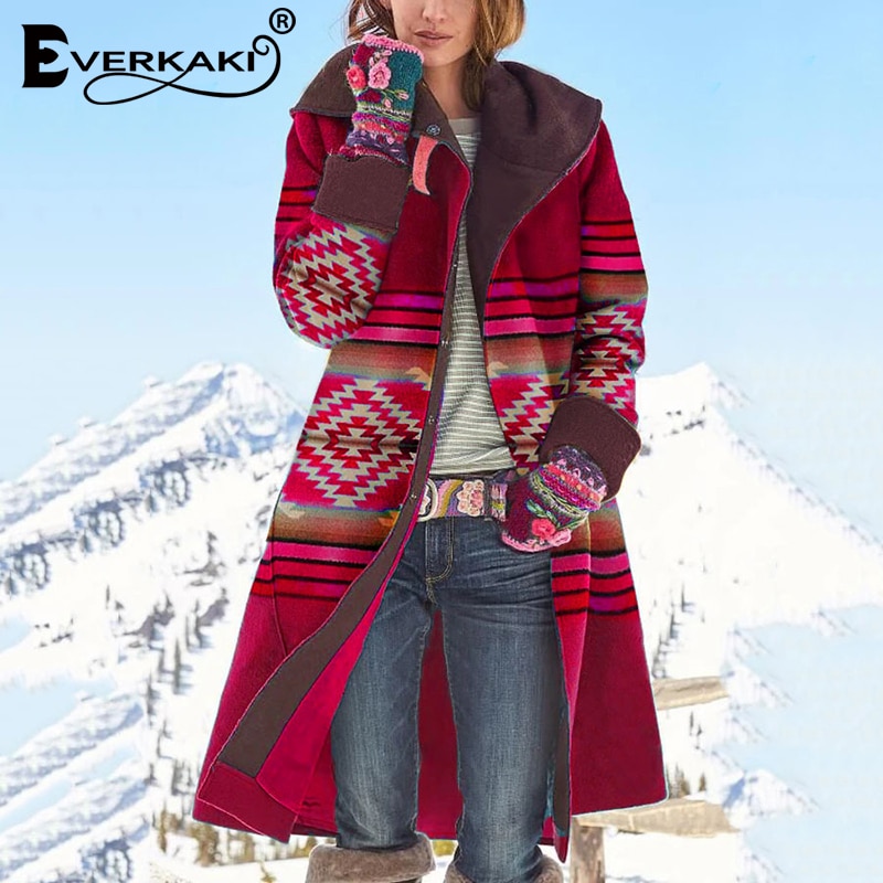Everkaki Etnische Print Lange Jas Vrouwen Herfst Bovenkleding Met Hoed Dames Boho Dikke Jassen Losse Vrouwelijke Winter Mode
