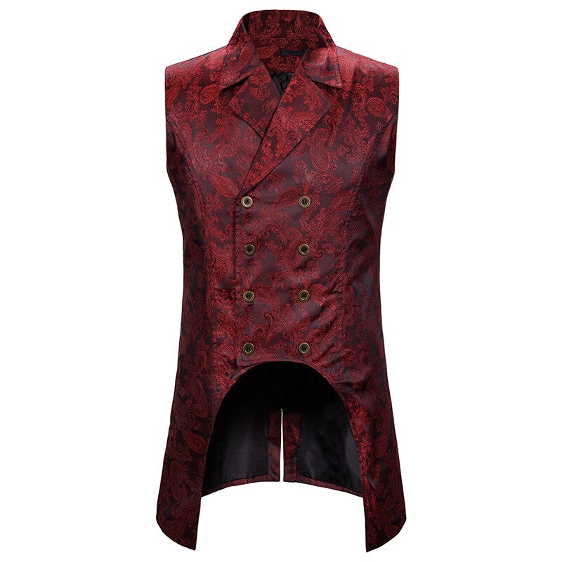 Wijn Rood Paisley Jacquard Mouwloze Lange Vest Mannen Double Breasted Revers Brocade Vest Mens Gothic Steampunk Tailcoat: red / L