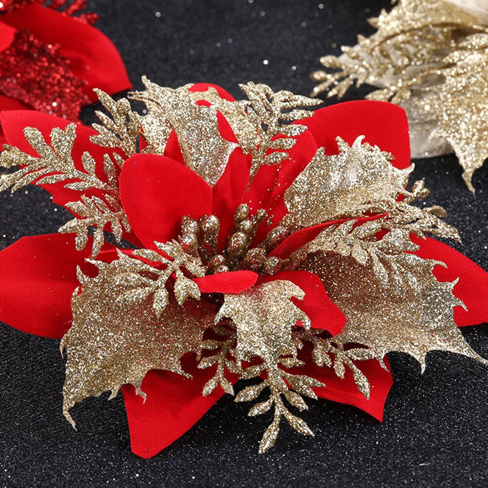 15 stk juleblomster til hjem glædelig juletræ dekoration glitter kunstigt blomsterhoved bryllup xmas forsyninger