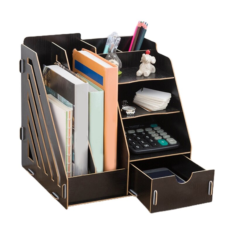 Multi-Functional Office Supplies File Racks Wooden Desktop Organiser Desk Case Y3NC: BK