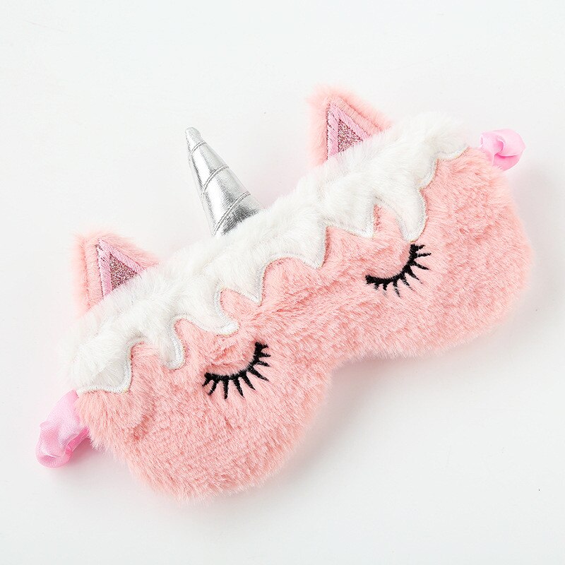3D dessin animé licorne oeil masque soie variété masque de couchage en peluche oeil ombre couverture vue Relax masque pour voyage maison fête: White and pink