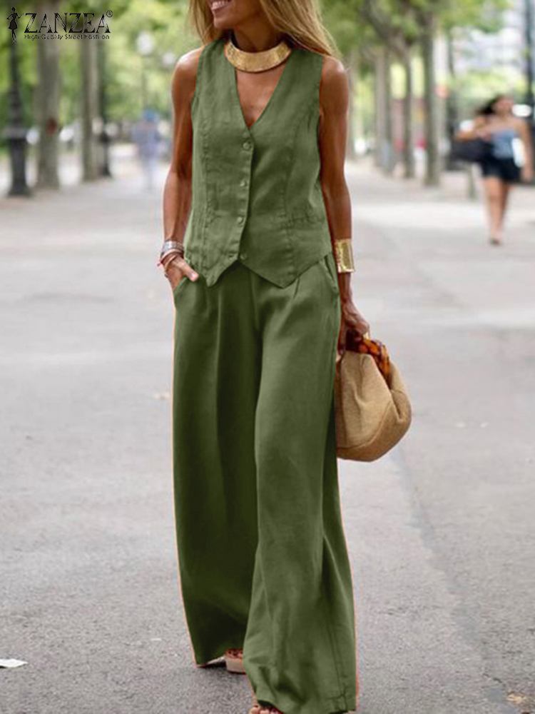 ZANZEA Trousers Suits Summer Sleeveless Tops Solid Work Tracksuit Casual Outifits Women Wide Leg Pants Sets 2pcs: S / green