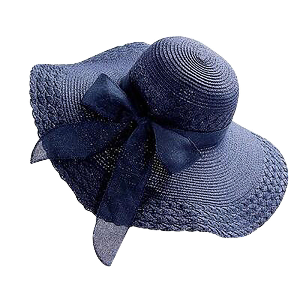 Sombreros de paja tejida para mujer, sombreros de ala ancha y flexible, sombrero de playa informal, Sombrero con lazo, gorras de Color liso para mujer: navy