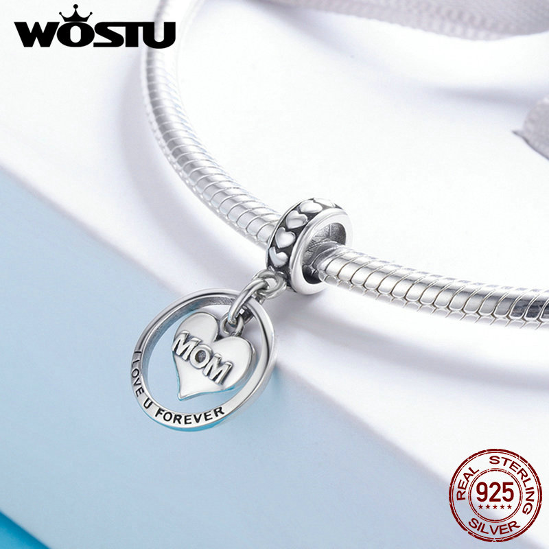 WOSTU Echt 925 Sterling Silber Für Immer Liebe Für MOM Charme fit Perlen Armband Armreifen Silber DIY Schmuck Für Mutter FIC649