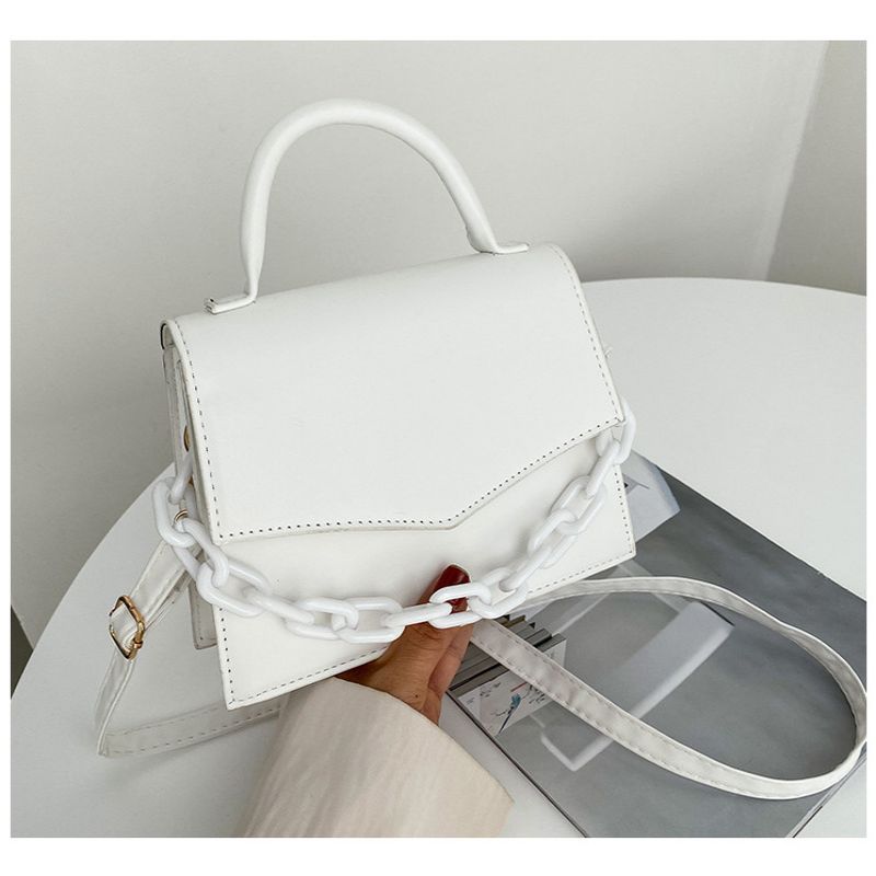 Zomer Effen Kleur Kleine Handtas Mode Luxe Vrouwen Lederen Schoudertas Trendy Ketting Clutch Bag: WHITE