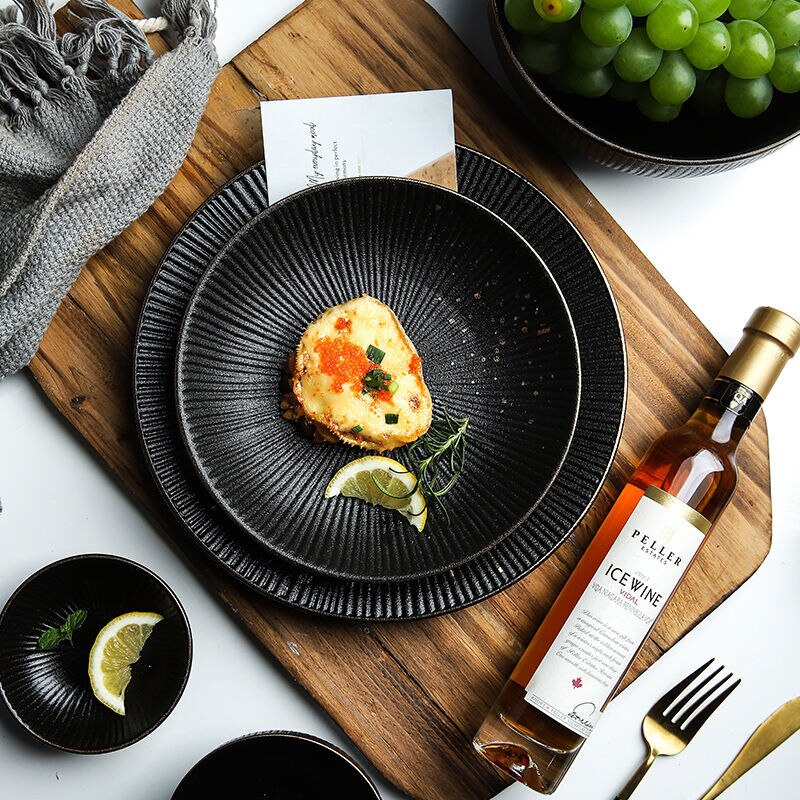 Gold Edge Black Ceramic Dinnerware Set Golden Dot Soup Rice Salad Bowl Steak Pasta Fruit Plate Dish Spoon Tableware Set