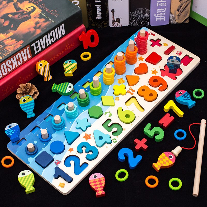 Educational Wooden Toys Children Busy Board Math Fishing Children's Wooden Preschool Montessori Toy Counting Geometry