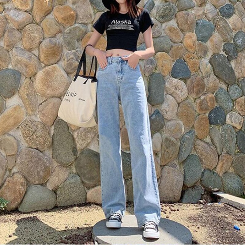 Kvinde jeans høj talje tøj brede ben denim tøj streetwear vintage sommer harajuku løse bukser: S