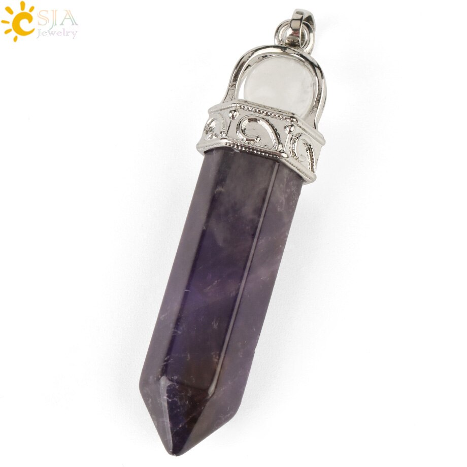 CSJA-colgante de piedra Natural para hombre y mujer, columna hexagonal puntiaguda, pilar de Cristal púrpura blanco y rosa, collares, G287: Amethyst