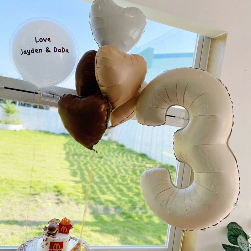 Brown Beige Cream Heart Balloons Number Balloon 1 2 3 4 5 Digital Foil Balloon Birthday Party Decoration Helium Air Globo