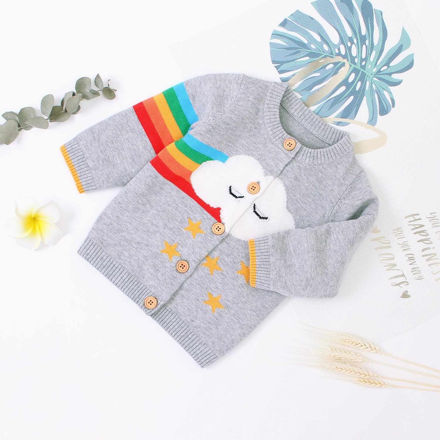 Roupas de outono da criança, o pescoço manga longa camisola cardigan com padrões de estrela de nuvem arco-íris para menina, menino
