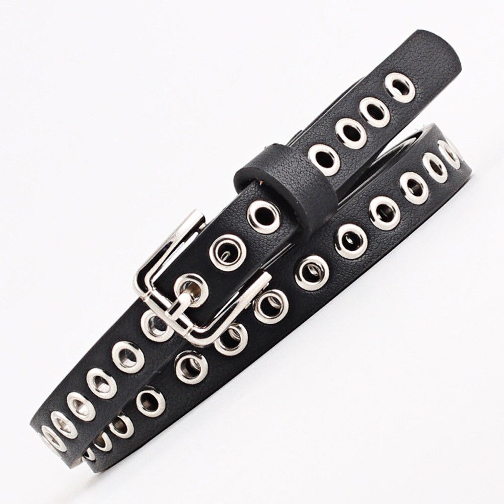 Cinturón de piel sintética con remaches para mujer, pulsera con remaches y agujeros, estilo hip hop: Black