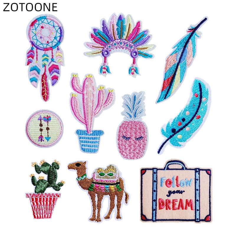 Zotoone Geborduurde Badge Ijzer Op Veer Patch Warmteoverdracht Voor Kleding Jeans Diy Kameel Cactus Patches Voor Kinderen Tas Applique E