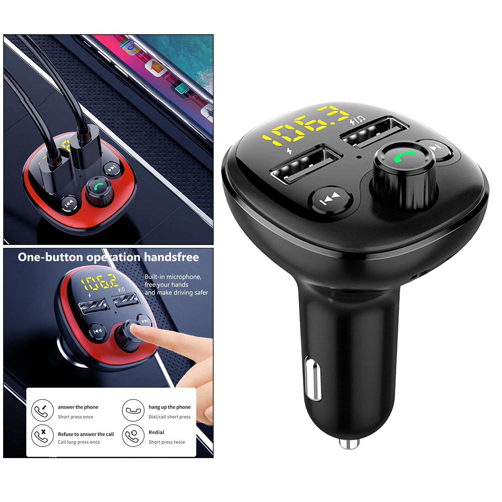Bluetooth Car Kit Hands-Free FM Transmitters Audio Receiver USB Charger: Black