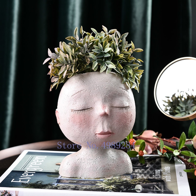 Nordisk harpiks menneskehoved vase kunst blomsterarrangement dukke skulptur urtepotte potteplante hjem haven dekoration