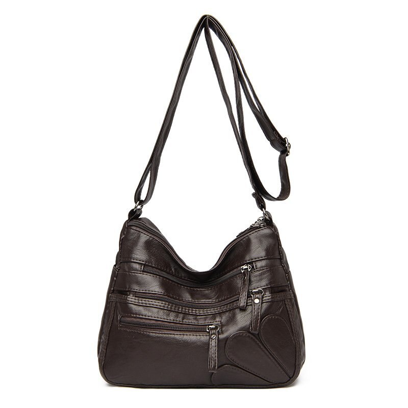 cuir souple sac à main double fermeture éclair sac à bandoulière simple sac de messager tendance multi-poche sac femmes sac marron: coffee