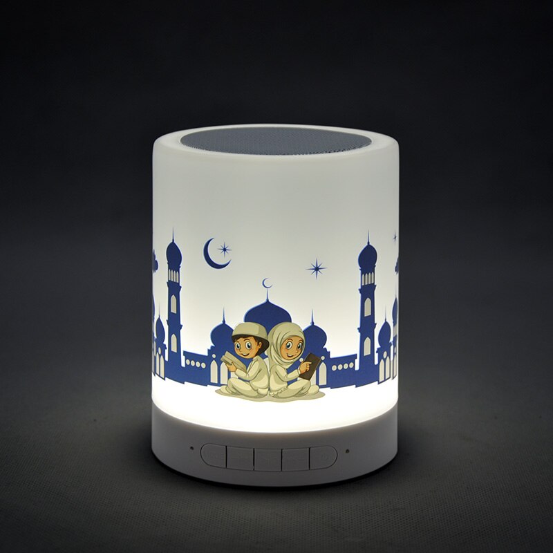 Farbiger, kabelloser, bluetooth-fähiger koran-lautsprecher mit usb-anschluss, fm-radio, einstellbarer kleiner led-lampe und touch-fernbedienung für zuhause