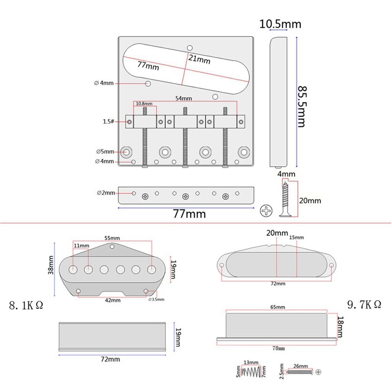 6 Strings Saddle Bridge Plate, 3 Way Switch Control Plate, Neck Pickup Set for Fender Electric Guitars Replacement Parts