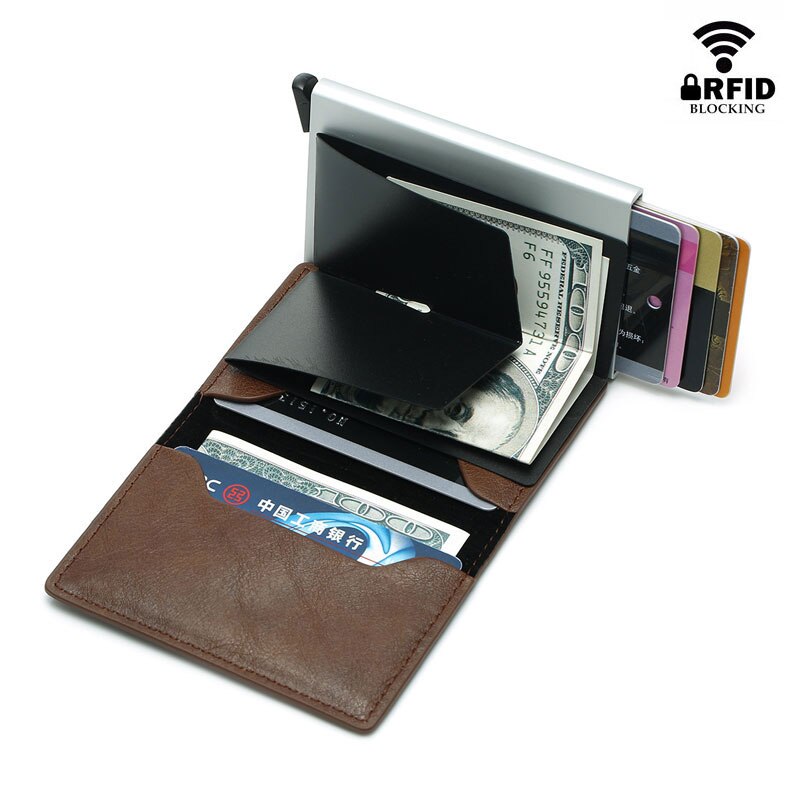 Business Credit Card Holder Mannen Multifunctionele Automatische Aluminium Legering Lederen Kaarten Case Mannen Mini Portemonnee Slanke Portemonnee