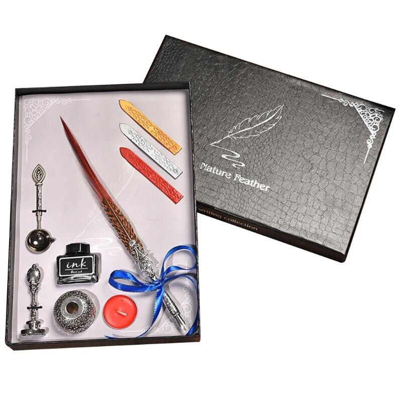Retro Gothic Style Quill Pen Set Retro Wax Seal Stamp Kit Vintage Box Calligraphy Writing Pen Calligraphy Pen Set: 5