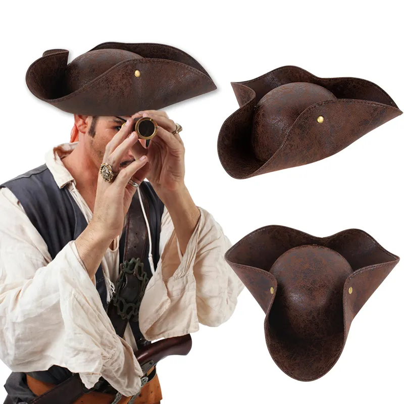 Rerto-Sombrero de pirata de Tricornio desgastado, de piel sintética, marrón, disfraz de de disfraces, gorras de Cosplay de capitán de Halloween, accesorios, sombreros