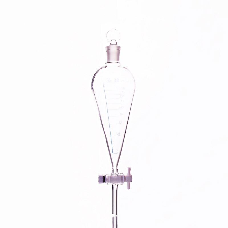 Separatory funnel pear shape,with ground-in glass stopper and stopcock,With tick marks,Capacity 250ml,PTFE switch valve