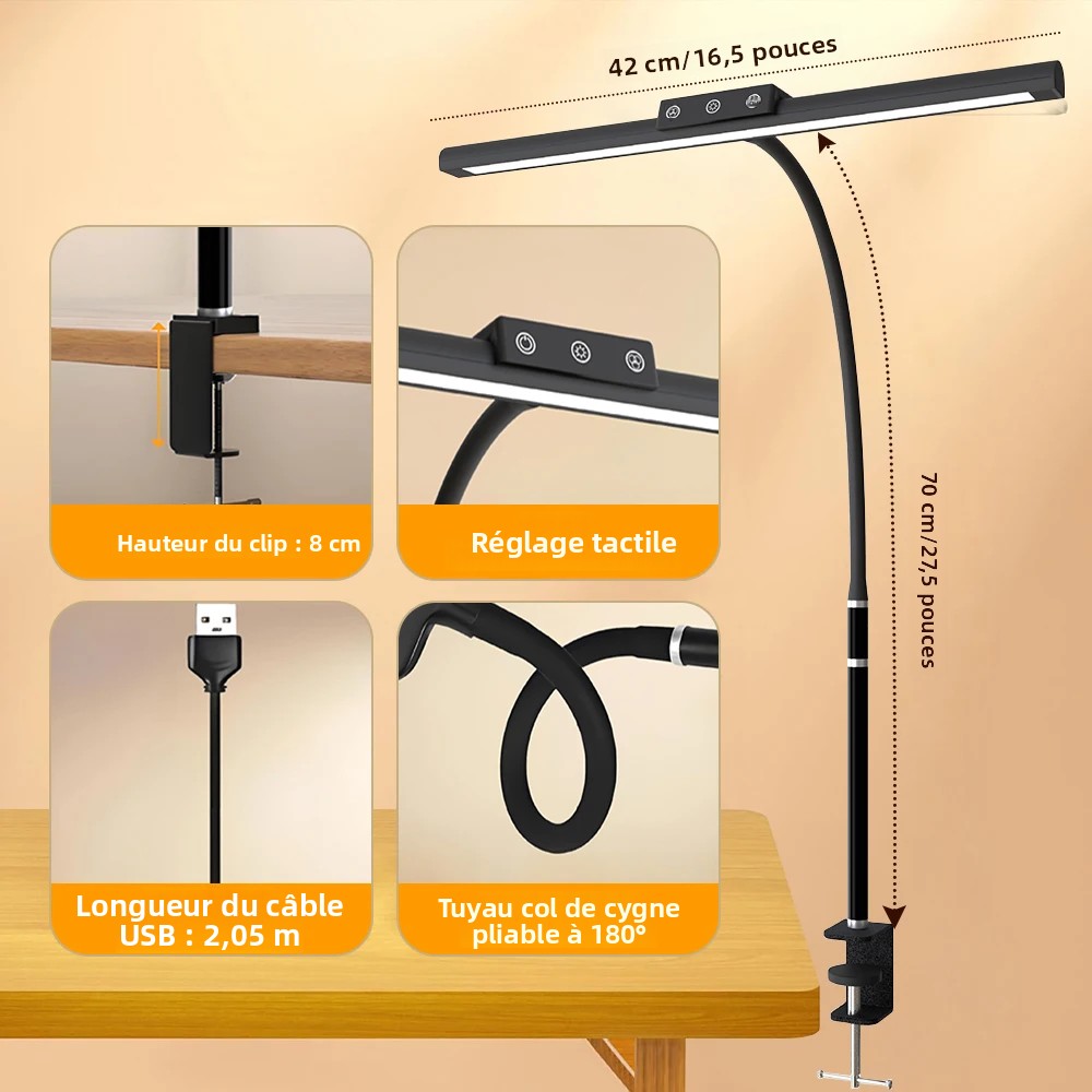 Led-bureaulamp met aanraakbediening en klemfunctie, geschikt voor kantoor en thuis, 5 kleuren, traploos dimmen, 10w oogvriendelijke architectentafellampen, pc-verlichting