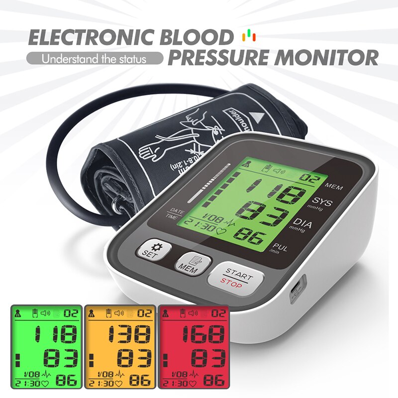 Drie-kleuren Achtergrondverlichting Bovenarm Automatische Bloeddrukmeter Bloeddrukmeter Monitor Hartslag Tonometer Bp Monitoren