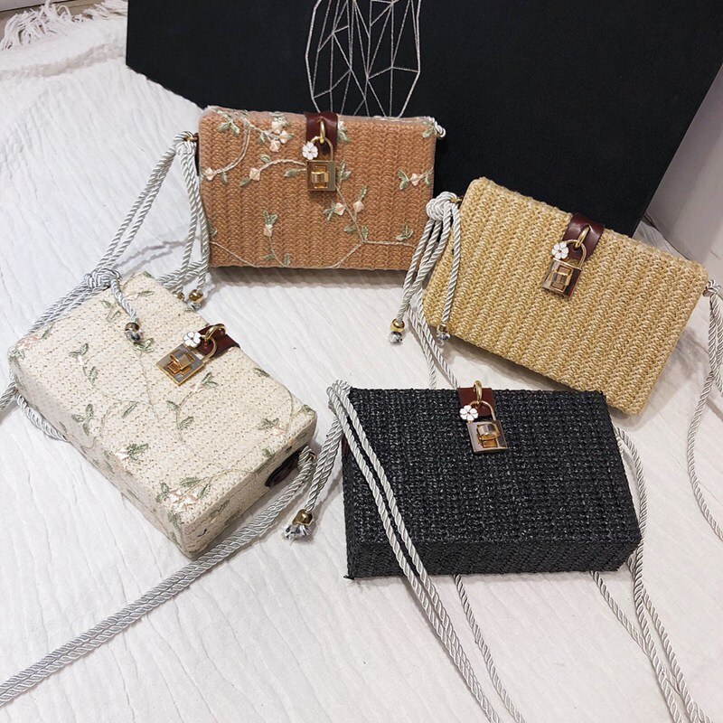 Strand rektangel boks bag rotting strå crossbody vesker bohemia veske shouldbag oss
