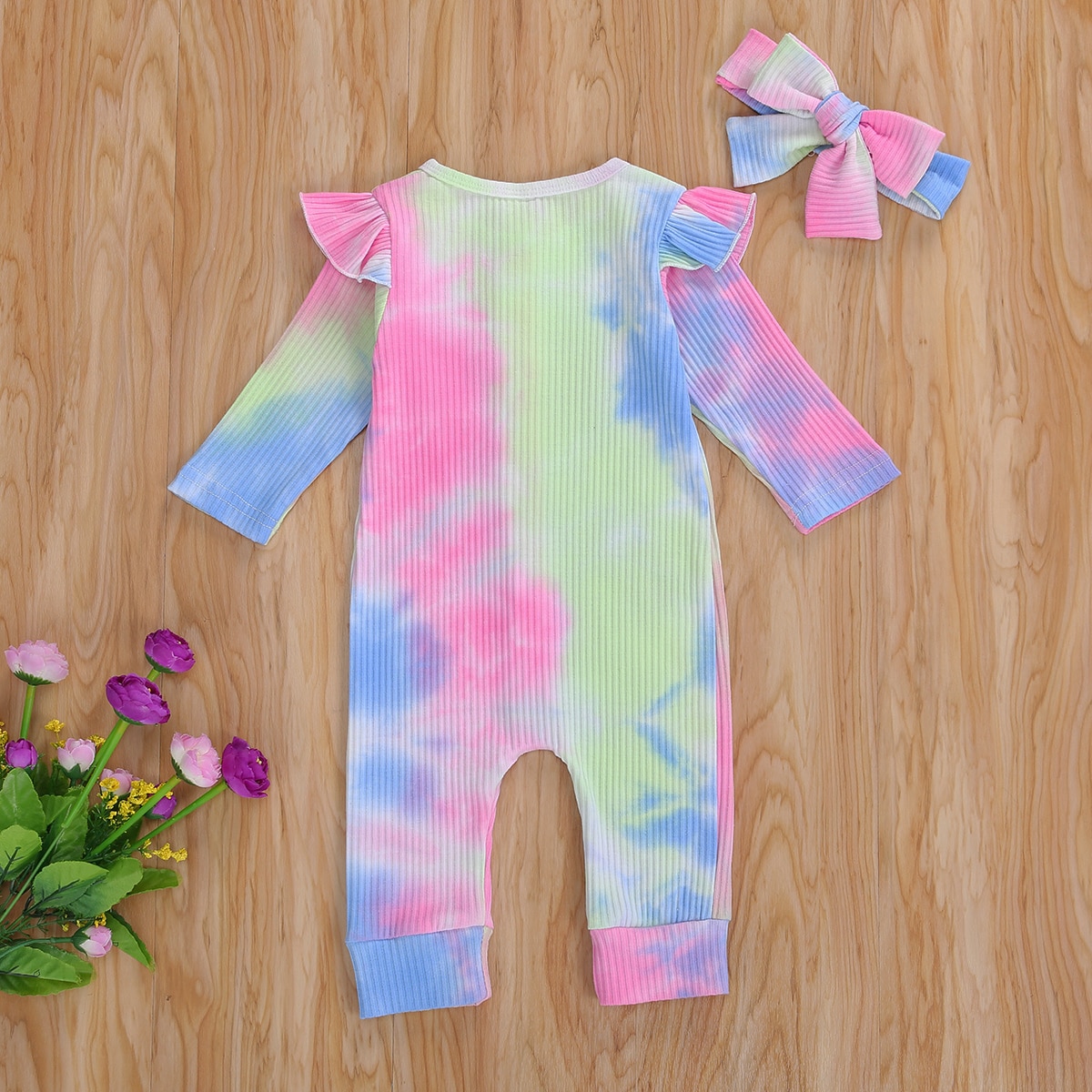 Mise au point 0-18M automne bébé filles garçons cravate-teinture barboteuses 2 couleurs à manches longues simple boutonnage combinaisons bandeau