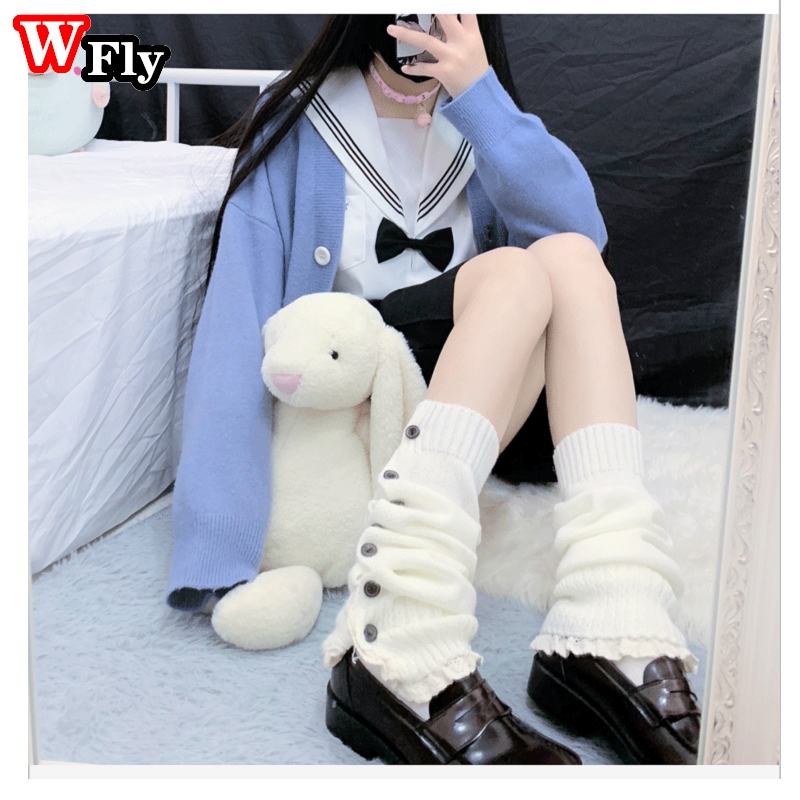Calentadores de pierna con botón para mujer, medias, calentador de piernas JK Lolita Kawaii, tejido de lana, calentador de piernas, conjunto de botas de manga