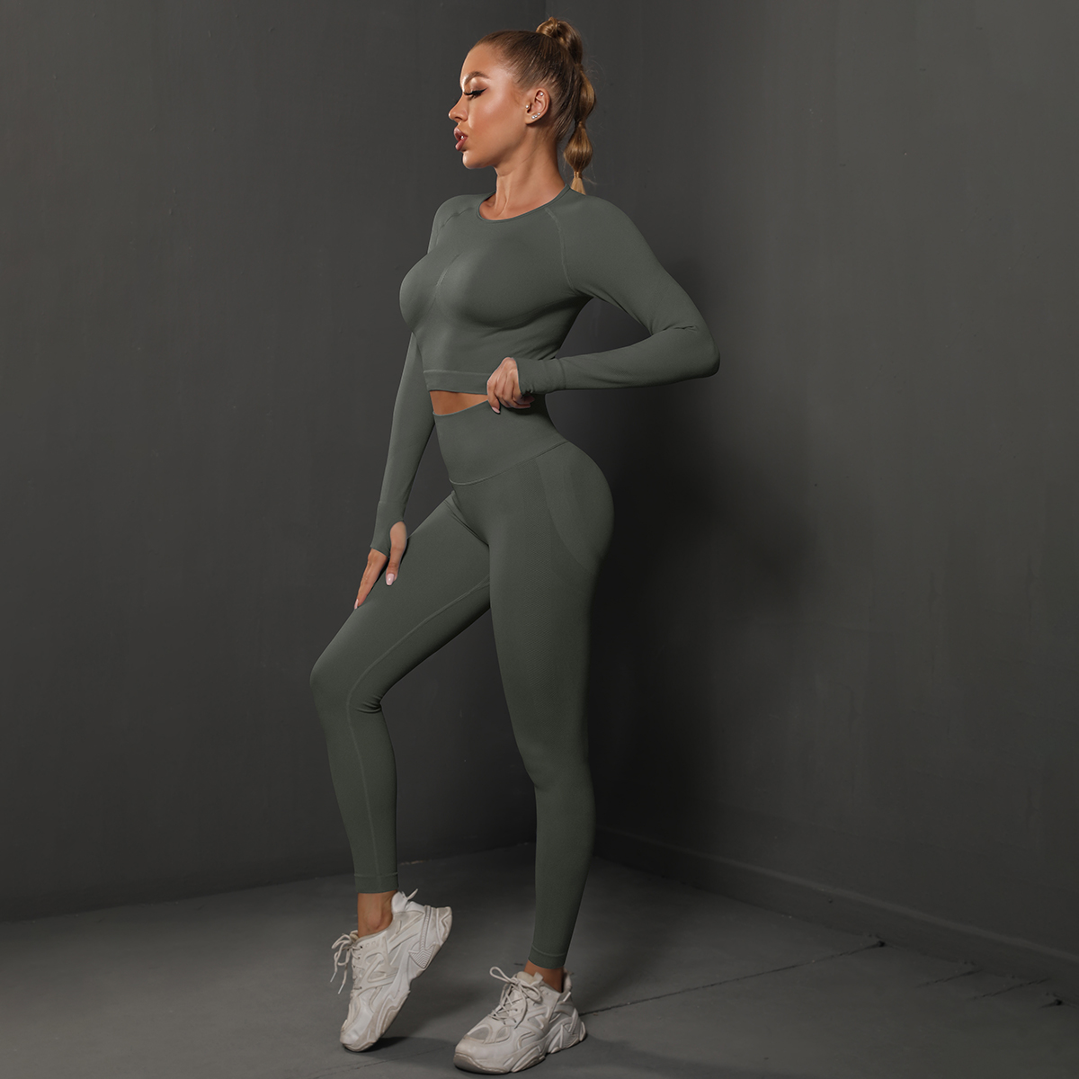 Conjunto de Yoga sin costuras, Top corto, mallas de cintura alta, trajes para mujer, ropa deportiva de entrenamiento de , conjunto de dos piezas para mujer: S / Rosa violeta
