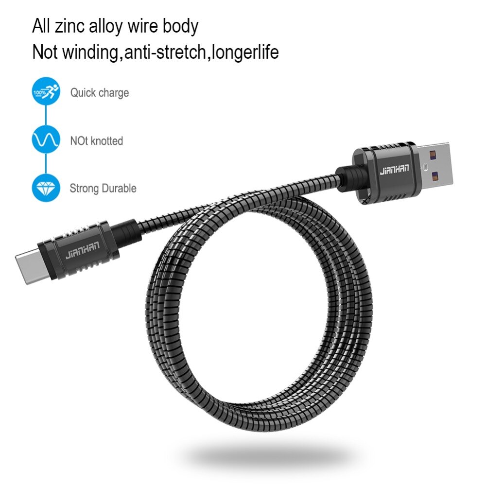 Jianhan luxury metal usb type-c cable, 5a fast charging data sync cables for samsung, huawei, lg, xiaomi, oneplus 5t charging