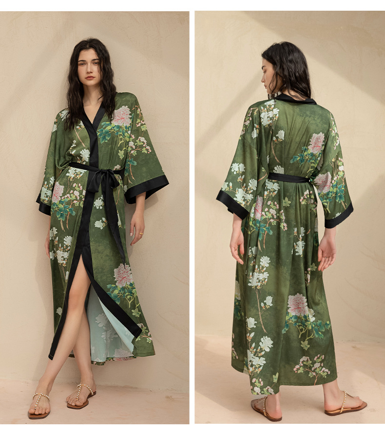 Peignoir kimono à manches mi-longues de style japonais pour femmes, robe longue femme, chemise de nuit, vêtements de nuit, satin imprimé fleuri, robe en span pour la maison: MULTI