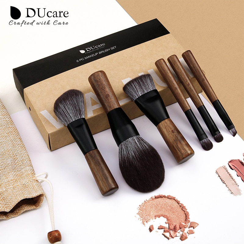 Ducare mini 6 -delige make-upkwastenset met houten handvat, blushkwastenset, eyeliner, poeder, foundation, make-upkwastenset, cosmetische tools