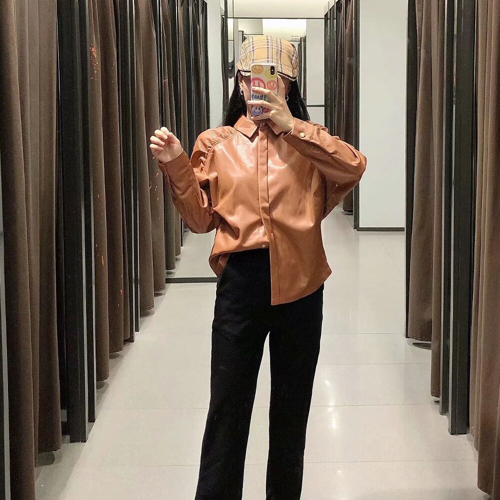 Fall Winter Women Faux Leather Shirt Long Gathering Sleeves Casual Chic High Street women Shirts