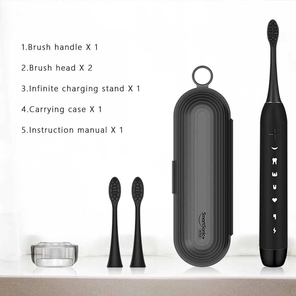 SmartSonic Waterproof Sonic Electric Toothbrush USB Rechargeable Tooth Brush Ultrasonic Toothbrush with 2 Brush Heads: Black