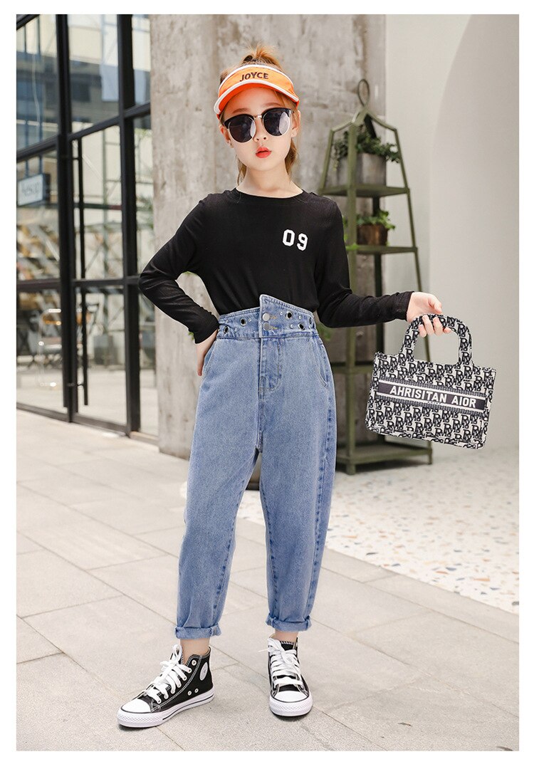 Barn flicka hög midja nit jeans 10 to 12 år raka lösa byxor vår höst tonåring tjejer outfit