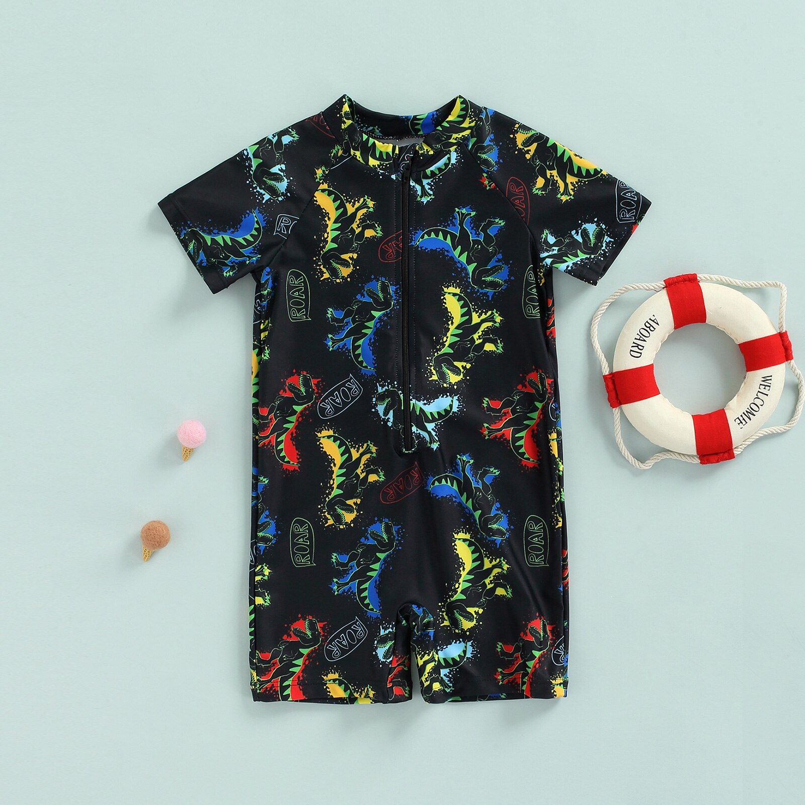 2022 6M-5T Jongens Zwemmen Jumpsuit Korte Mouw Stand Kraag Rits Cartoon Dinosaurus Print Shorts Zomer strand Badmode